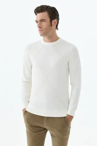 Beyaz Slim Fit Desenli Bisiklet Yaka Triko 