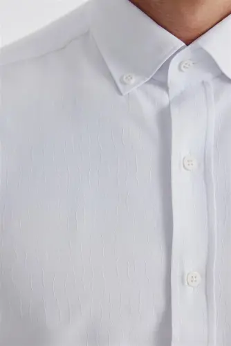 Beyaz Slim Fit Desenli Pamuklu Düğmeli Yaka Gömlek - 3