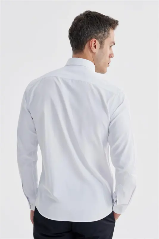 Beyaz Slim Fit Desenli Pamuklu Düğmeli Yaka Gömlek - 4