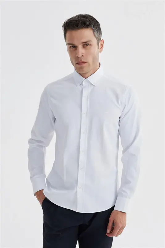 Beyaz Slim Fit Desenli Pamuklu Düğmeli Yaka Gömlek - 4