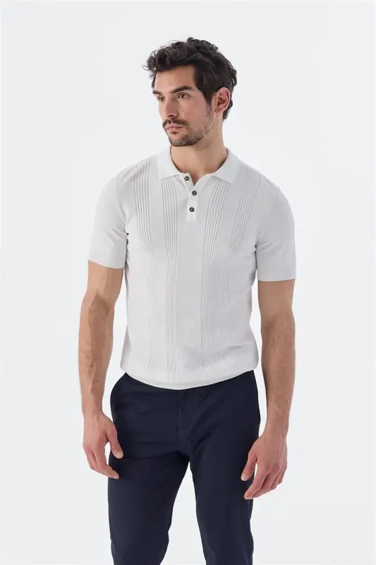 Beyaz Slim Fit Desenli Polo Yaka T-Shirt - JAKAMEN