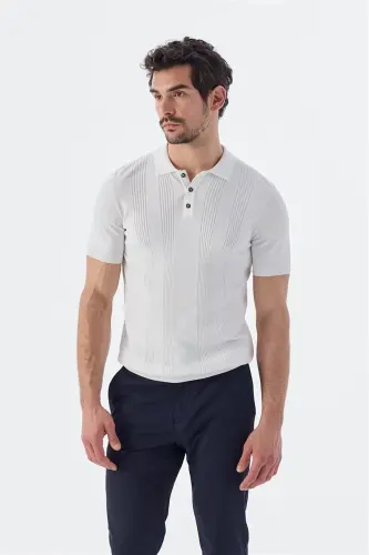 Beyaz Slim Fit Desenli Polo Yaka T-Shirt - 1