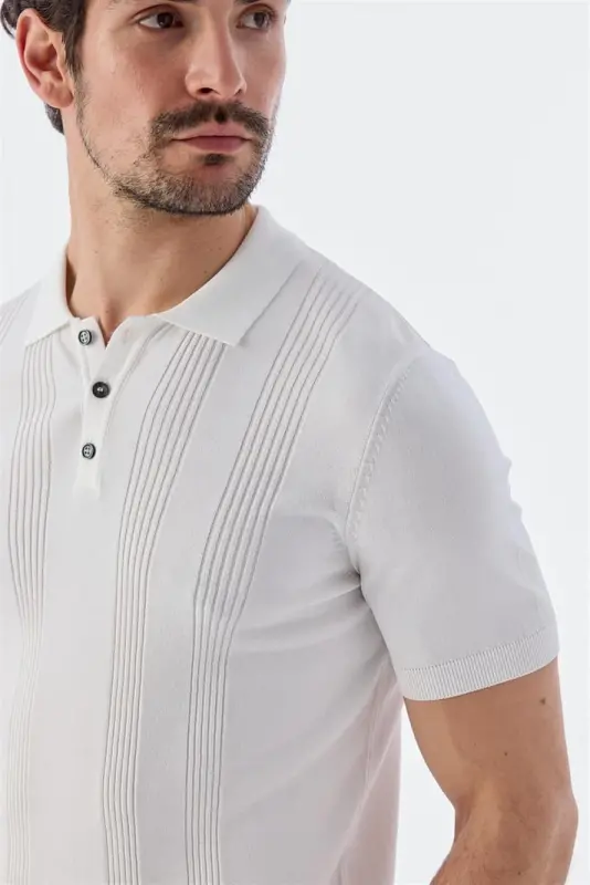 Beyaz Slim Fit Desenli Polo Yaka T-Shirt - 3