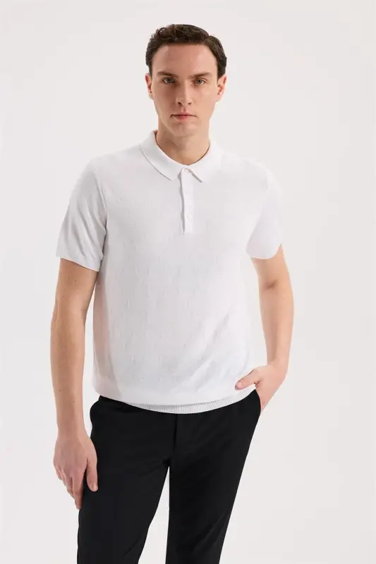 Beyaz Slim Fit Desenli Triko Polo Yaka T-Shirt - JAKAMEN