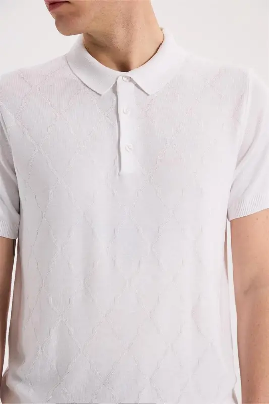 Beyaz Slim Fit Desenli Triko Polo Yaka T-Shirt - 3