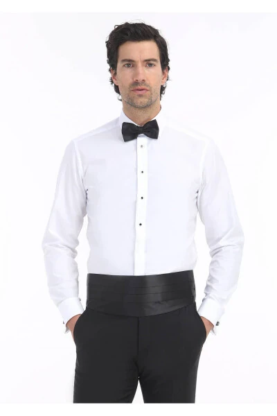 Beyaz Düz Slim Fit Duble Manşet Klasik Yaka Smokin Gömlek - Ramsey