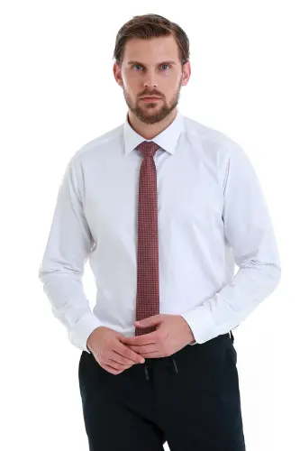 Beyaz Slim Fit Düz 100% Pamuk Slim Yaka Uzun Kollu Saten Gömlek - Beyaz00 - 2