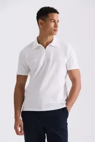Beyaz Slim Fit Fermuarlı Polo Yaka T-Shirt - Modazone (1)