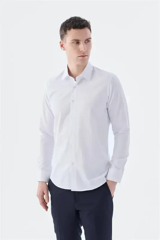 Beyaz Slim Fit İtalyan Yaka Uzun Kol Klasik Kravatlık Pamuklu Gömlek - 2