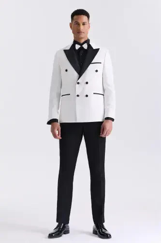 Beyaz Slim Fit Sivri Yaka Kruvaze Smokin Takım Elbise - JAKAMEN (1)