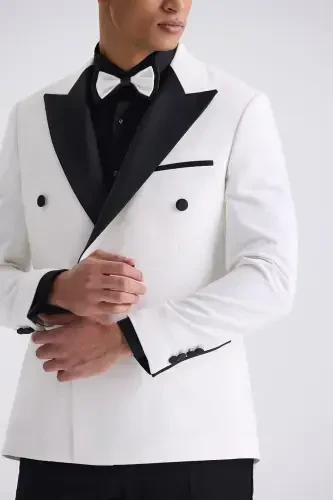 Beyaz Slim Fit Sivri Yaka Kruvaze Smokin Takım Elbise - 3