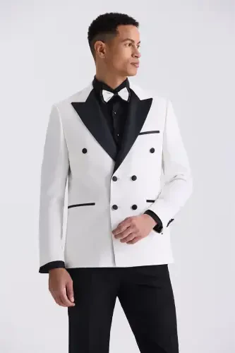 Beyaz Slim Fit Sivri Yaka Kruvaze Smokin Takım Elbise - Modazone (1)