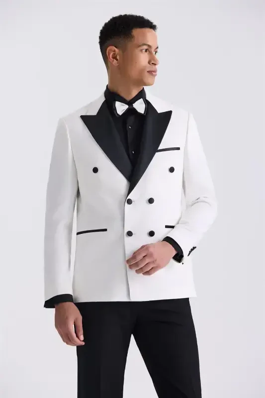 Beyaz Slim Fit Sivri Yaka Kruvaze Smokin Takım Elbise - Modazone