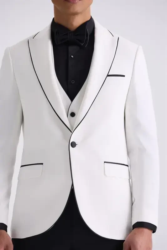 Beyaz Slim Fit Sivri Yaka Yelekli Smokin Takım Elbise - 3