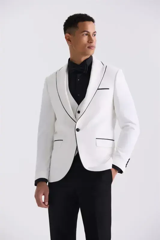 Beyaz Slim Fit Sivri Yaka Yelekli Smokin Takım Elbise - Modazone