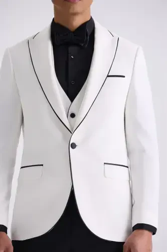 Beyaz Slim Fit Sivri Yaka Yelekli Smokin Takım Elbise - 3