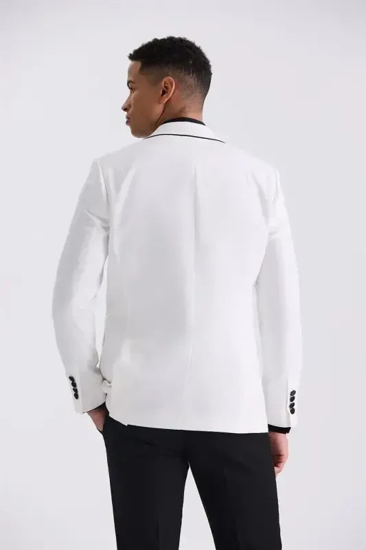 Beyaz Slim Fit Sivri Yaka Yelekli Smokin Takım Elbise - 4