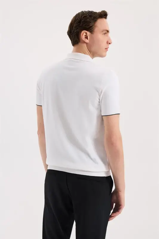 Beyaz Slim Fit Triko Fermualı Polo Yaka T-Shirt - 4