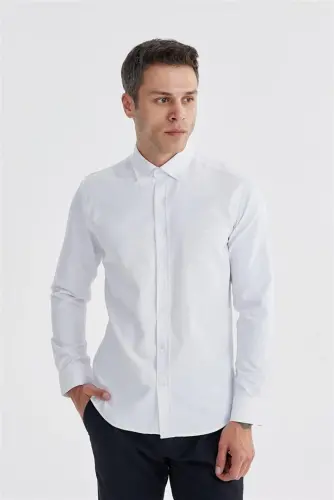 Beyaz Slim Fit Üstten Düğmeli Yaka Desenli Pamuklu Gömlek - 1