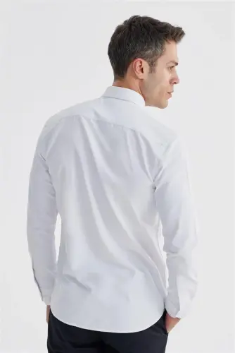 Beyaz Slim Fit Üstten Düğmeli Yaka Desenli Pamuklu Gömlek - 3