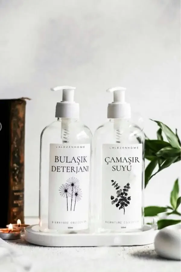 Beyaz Stantlı Beyaz Kapaklı Şeffaf Çamaşır Suyu Ve Bulaşık Deterjanı Etiketli Ikili Şişe-Şeffaf - 1