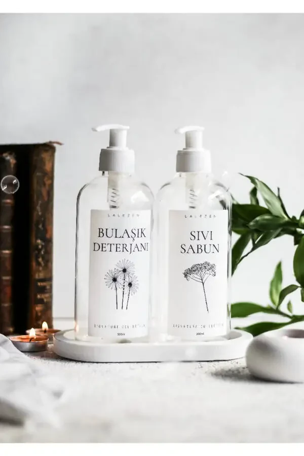 Beyaz Stantlı Beyaz Kapaklı Şeffaf Sıvı Ve Bulaşık Deterjanı Etiketli Ikili Şişe-BEYAZ - 1