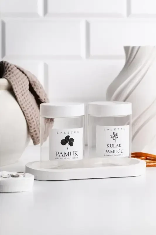 Beyaz Stantlı Şeffaf Kulak Pamuğu Ve Pamuk Etiketli Kavanoz 200ml-Şeffaf2li - 1