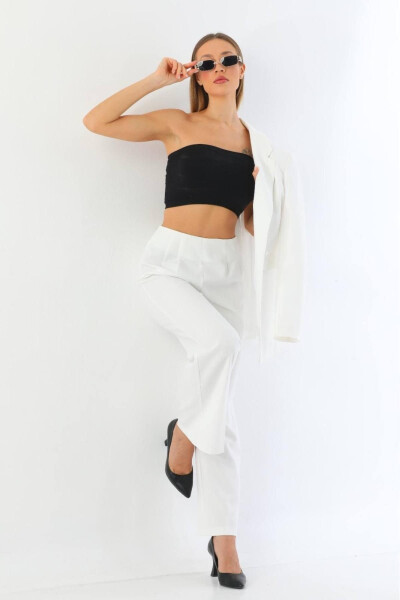 Beyaz Tek Düğme Blazer Ceket Cepli Palazzo Palazzo Pantolon Takım-Beyaz - 4