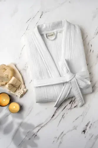 Beyaz Unisex Kimono Müslin Bornoz %100 Pamuklu & Yüksek Su Emici Kaliteli Bornoz-Beyaz - 2