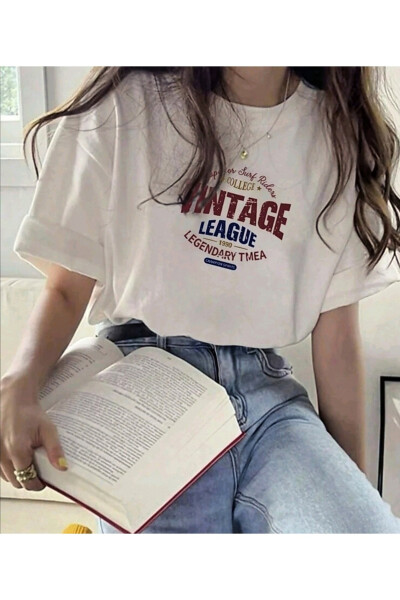 Beyaz Vintage Baskılı T-shirt - 7