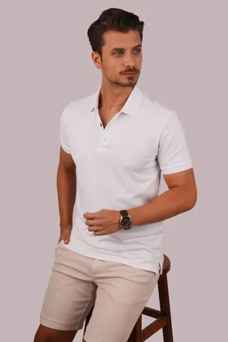 Beyaz Yaka Desenli Erkek Polo Yaka Tişört-Beyaz 
