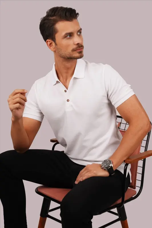 Beyaz Yaka Desenli Erkek Polo Yaka Tişört-Beyaz - 3