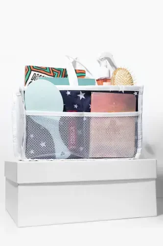 Beyaz Yıldız Desenli - 5 Bölmeli Bakım Seyahat Makyaj Kozmetik Organizer Çanta-Beyaz - 1