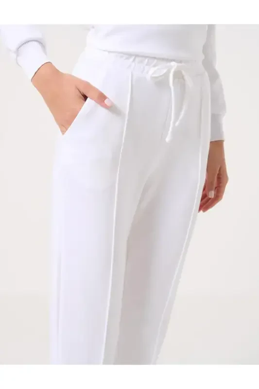 Beyaz Yüksek Bel Beli Bağlamalı Ribanalı Jogger Pantolon-Beyaz (BEYAZ - 3
