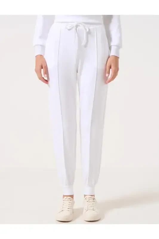 Beyaz Yüksek Bel Beli Bağlamalı Ribanalı Jogger Pantolon-Beyaz (BEYAZ - 4