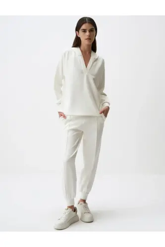 Beyaz Yüksek Bel Dar Paça Cepli Jogger Pantolon-Beyaz - 1