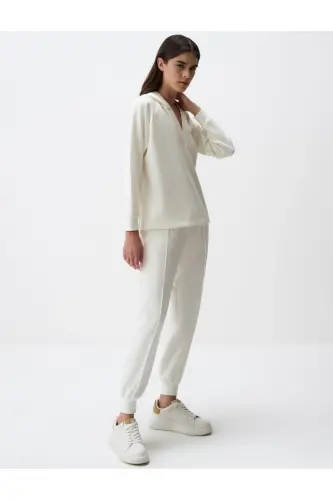 Beyaz Yüksek Bel Dar Paça Cepli Jogger Pantolon-Beyaz - 3