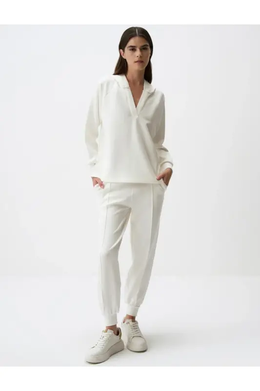 Beyaz Yüksek Bel Dar Paça Cepli Jogger Pantolon-Beyaz - JIMMY KEY