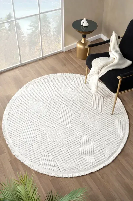 Beyaz Yumuşak Dokulu Daire Halı Kilim Salon Mutfak Koridor Yolluk Dokuma Makine Halısı 001 DAİRE-Beyaz 3 - 1