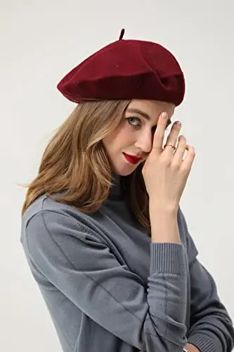 BEYLRZID Fransız Bere-Klasik Yün Bere Düz Renk Kadın Bere Şapka - 2