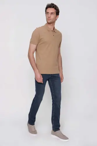 Бежевая базовая мужская футболка поло, 100% хлопок, приталенный крой (Slim Fit), короткий рукав - 4