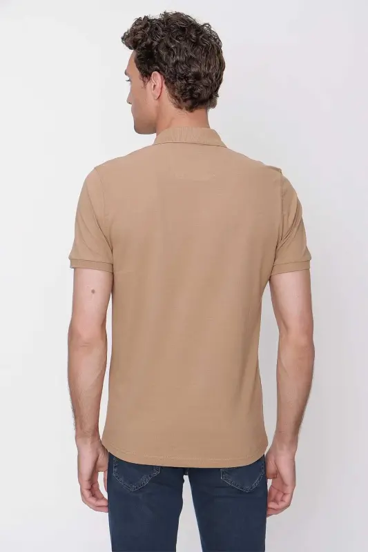 Бежевая базовая мужская футболка поло, 100% хлопок, приталенный крой (Slim Fit), короткий рукав - 6