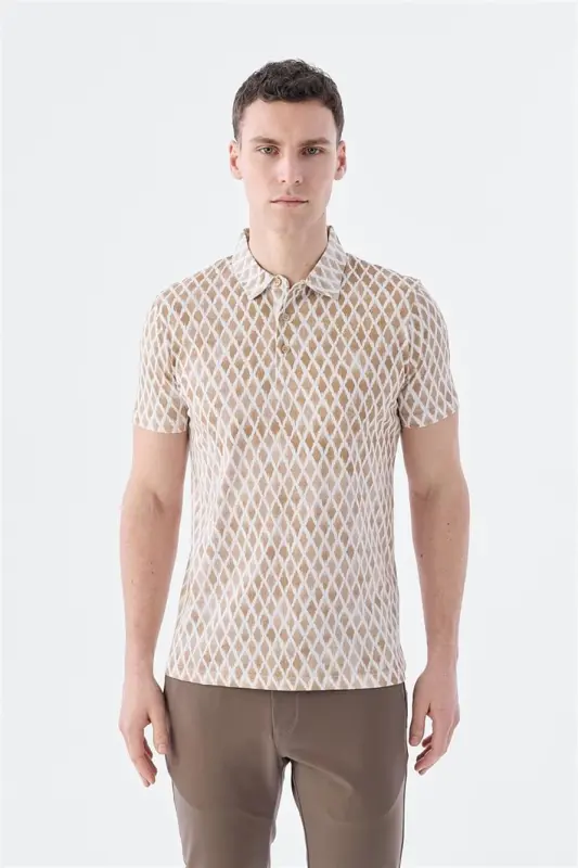 Бежевая футболка-поло slim fit с узором - 3