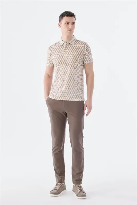 Бежевая футболка-поло slim fit с узором - 4