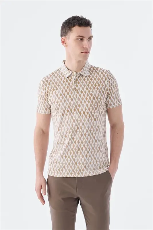 Бежевая футболка-поло slim fit с узором - 5