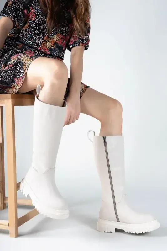 Бежевая Кожа Женские Сапоги 0012360-Бежевая Кожа - 2