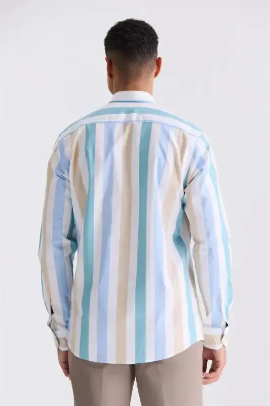 Бежевая облегающая рубашка в полоску из 100% хлопка - 4