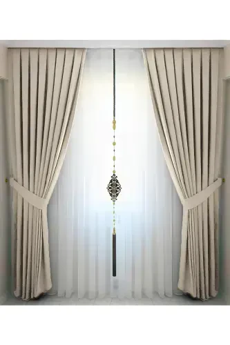 Бежевая плиссированная бархатистая портьера высокого качества, одно полотно - бежевый - 1