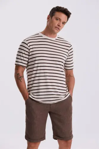Бежевая полосатая футболка Slim Fit с круглым вырезом - JAKAMEN (1)