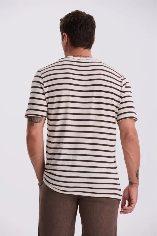 Бежевая полосатая футболка Slim Fit с круглым вырезом - 4